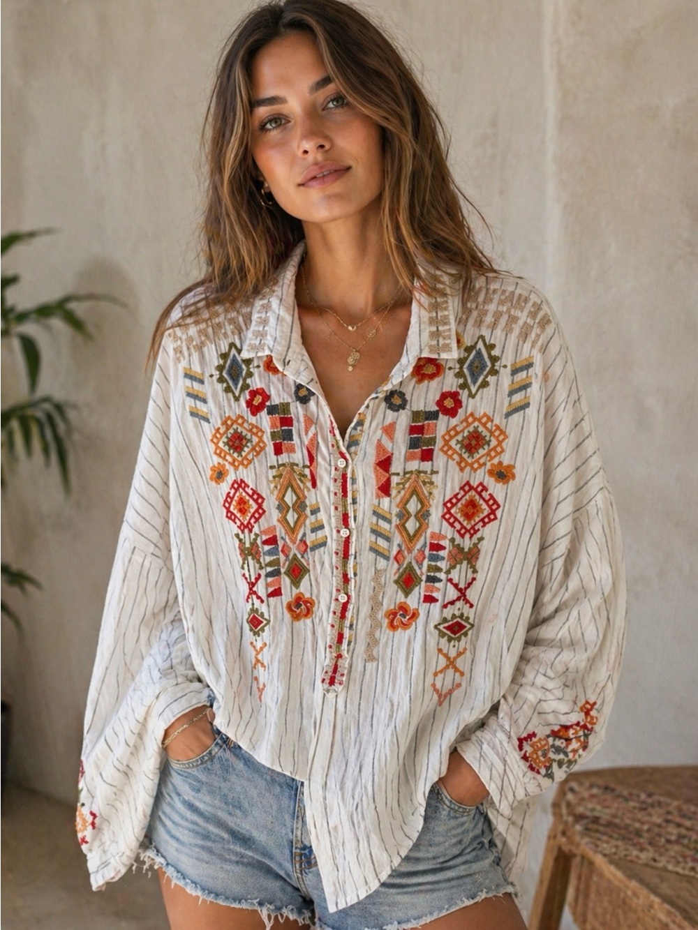 Johnny Was XXL Embroidered Boho Peasant Top Tunic Striped Floral Festival